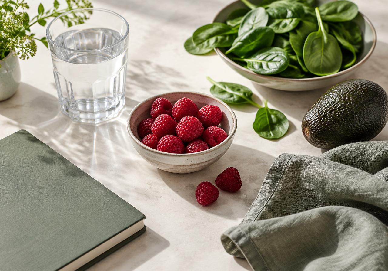 Water, berries, leafy greens and avocado illustrating everyday balanced eating